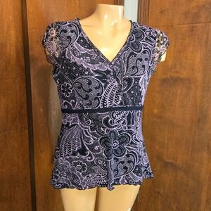 Style & Co Womens Top Purple Black Medium Paisley Mesh Cap Sleeve V-Neck Y2K